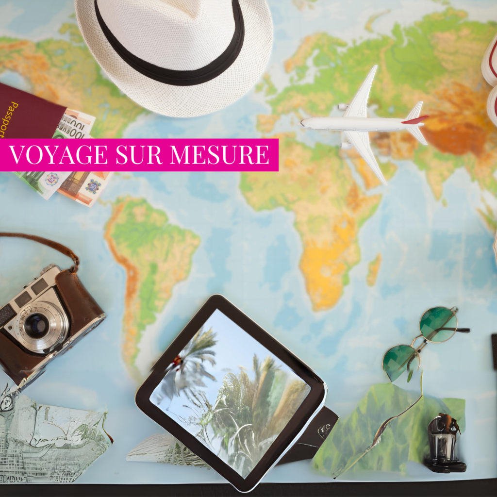 une carte, un appareil photo, un passeport avec quelques euros, un chapeau d'été, une tablette et un avion.